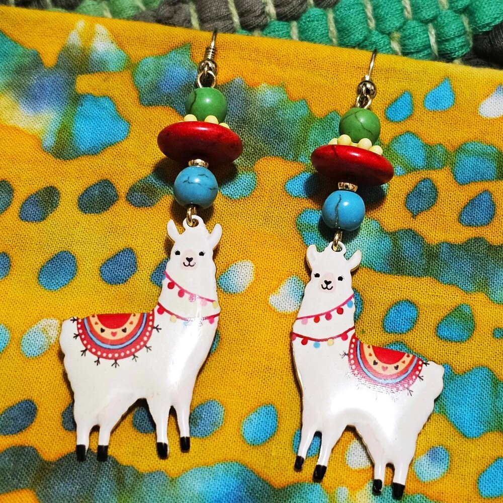 Artisan Earrings. Llamas. Colorful, Beaded. Pierced. - Picture 2 of 7